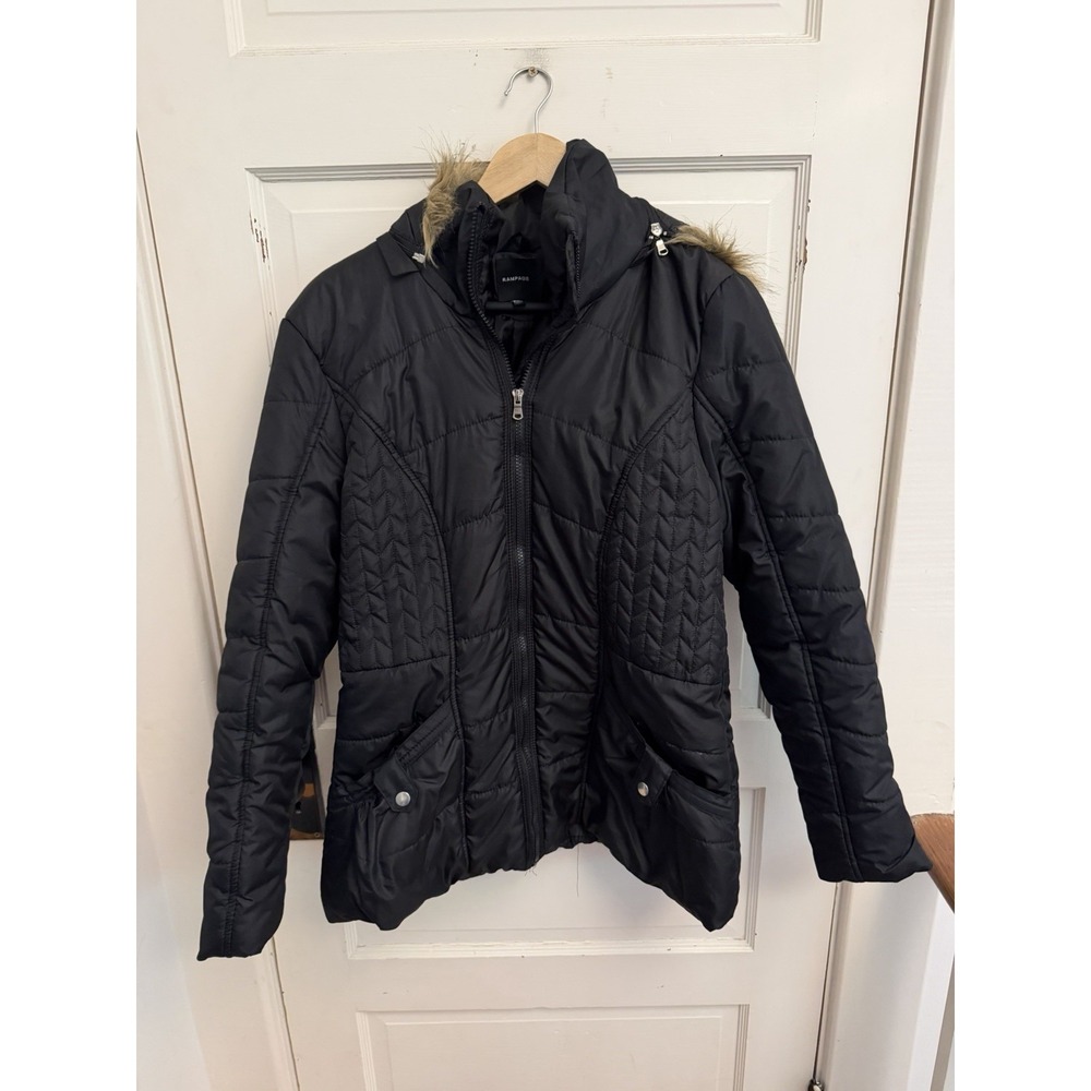 Rampage Junior's Black Quilted Coat With Removable Faux‎ Fur Hood Size XXL